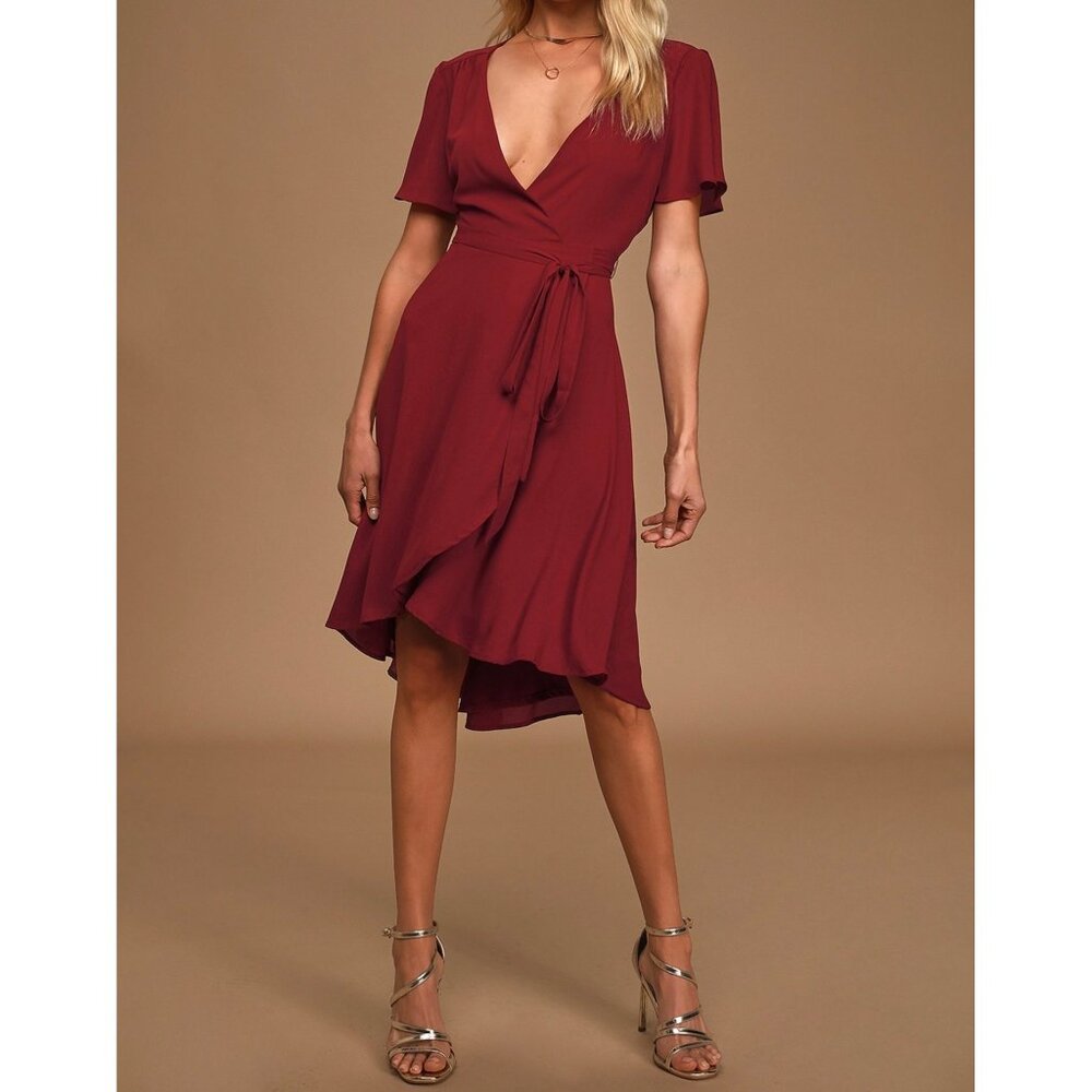 Lulus Womens Rise to the Occasion Burgundy Midi Wrap Dress Short Sleeve size S